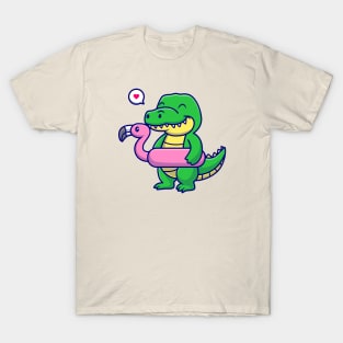 Cute Crocodile With Flamingo Swimming Tires Cartoon T-Shirt